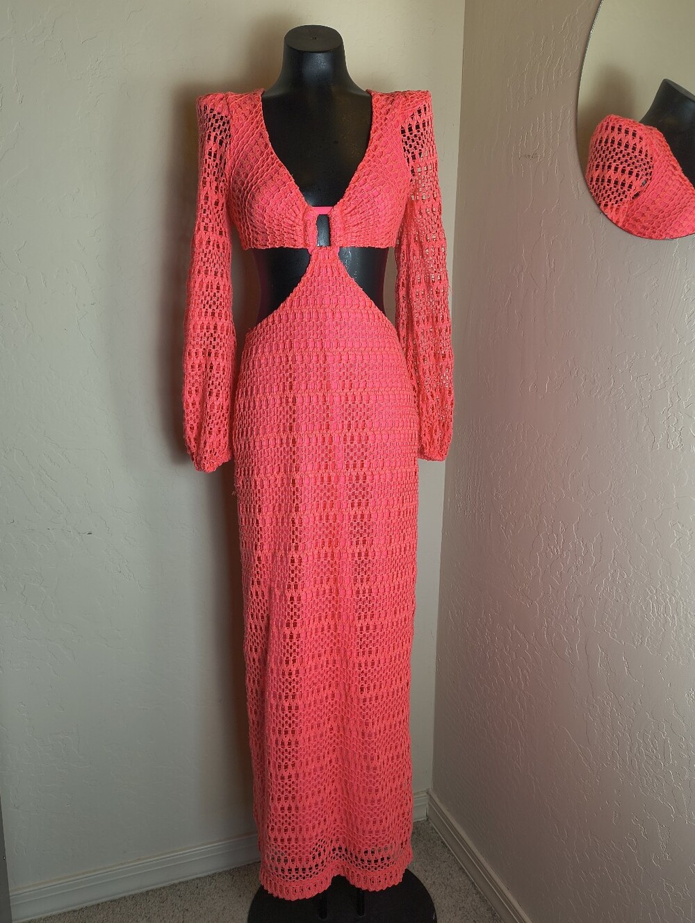 PatBo Hot Pink Neon Crochet Classic Knit Long Tie Backless Dress